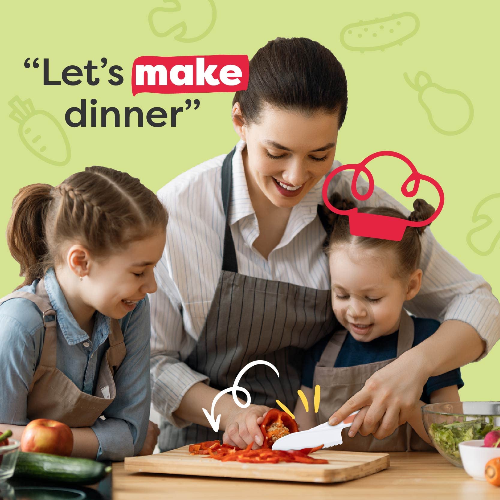 Baketivity cuchillos serrados para niños, uso real en cocina para pelar y trocear con facilidad.