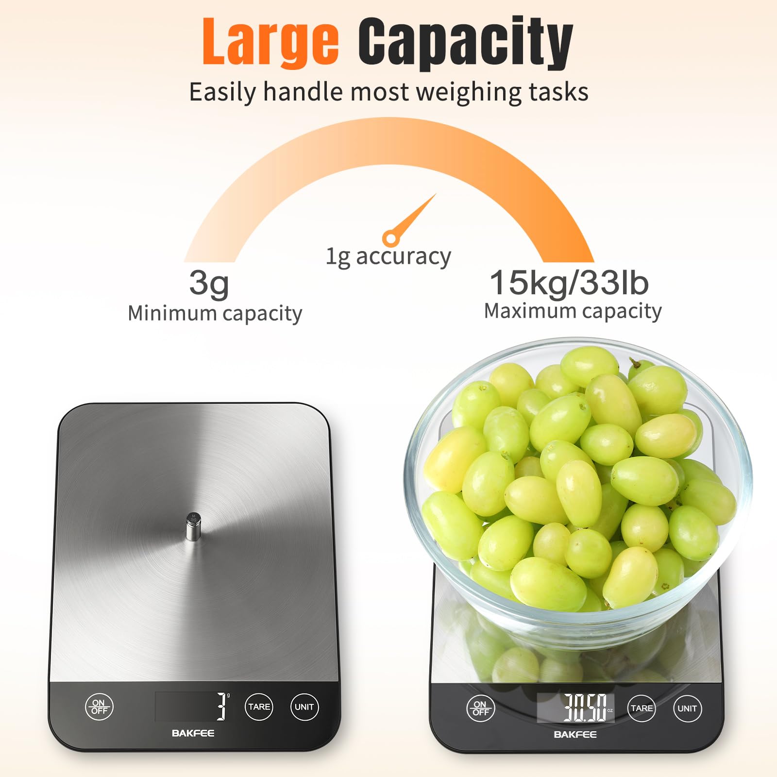 BakFee BK806 con función tare usando tazón, ideal para mezclar varios ingredientes
