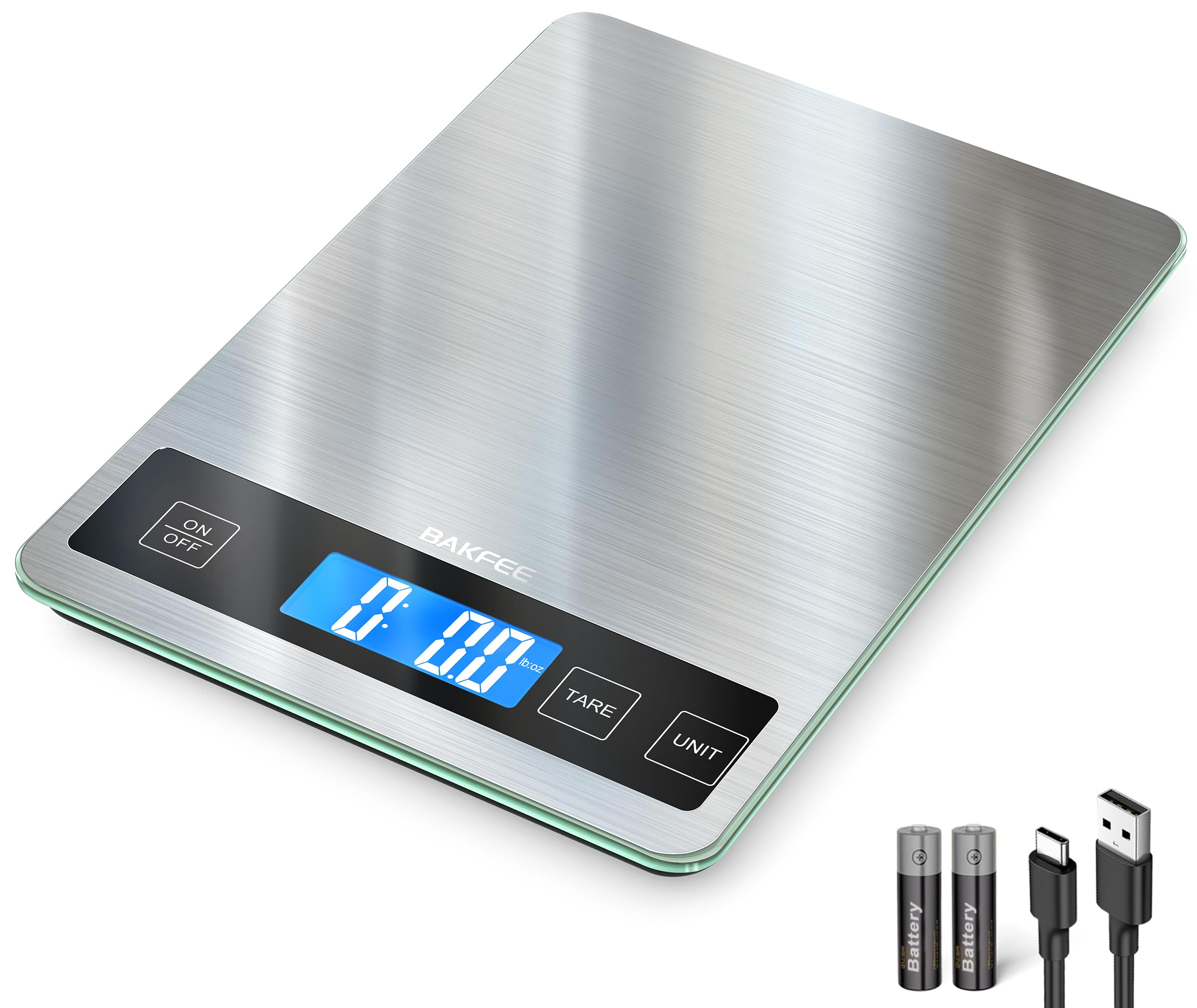 BakFee Bascula de cocina con vidrio templado y acero inoxidable, superficie duradera y fácil de limpiar.