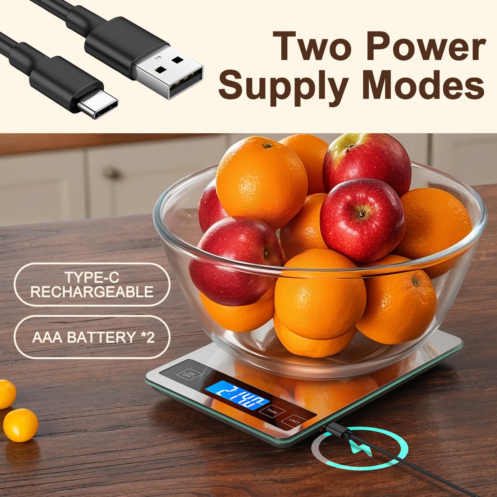 BakFee Bascula con doble fuente de energía: USB y pilas AAA.