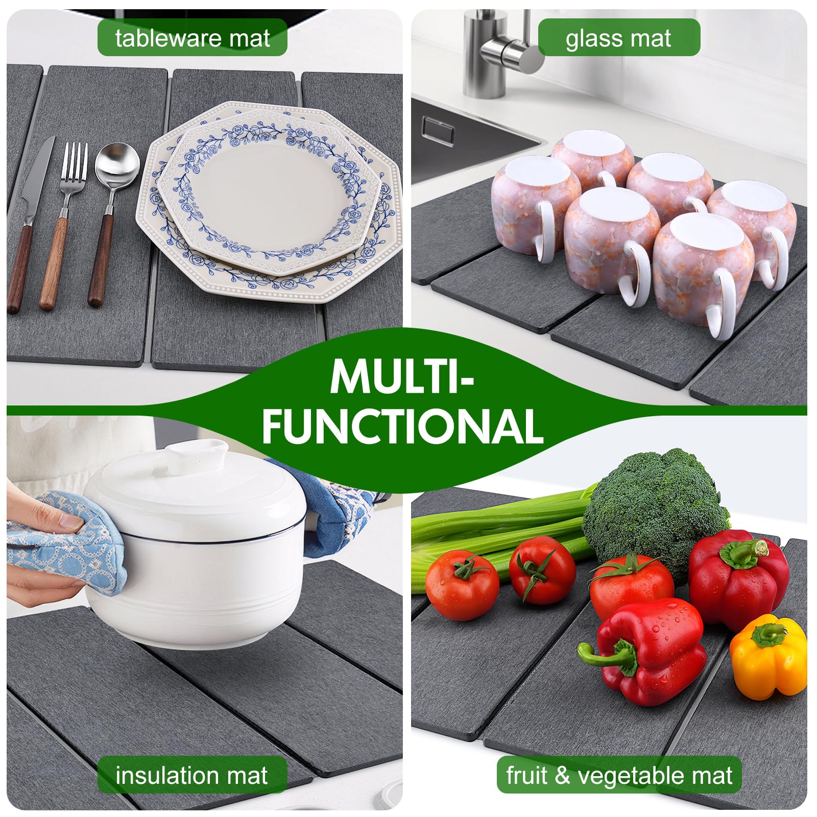 BAKFUFY Usos múltiples: vajilla, frutas y verduras sobre la alfombrilla.