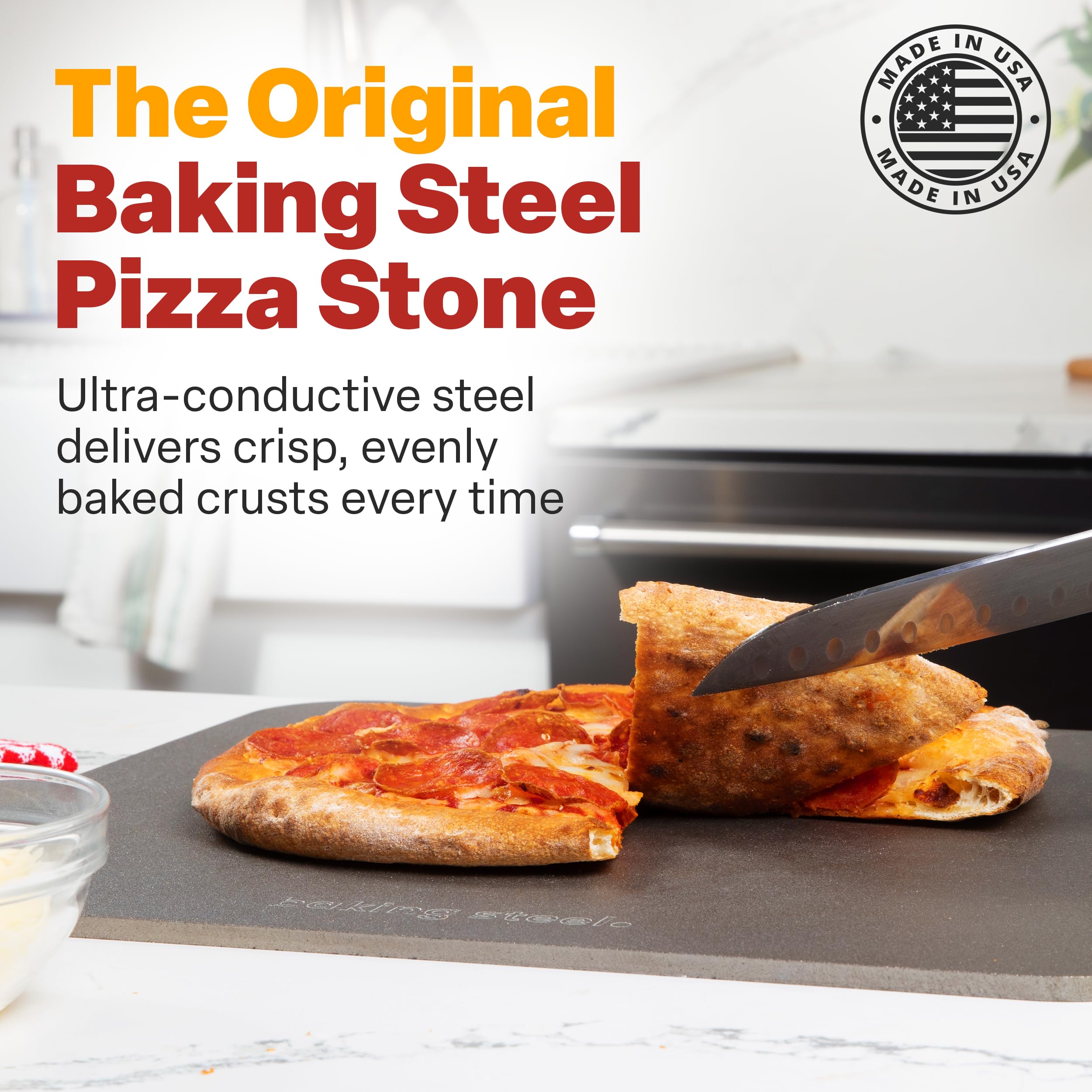 Baking Steel: placa compatible con inducción y horno para recetas versátiles.