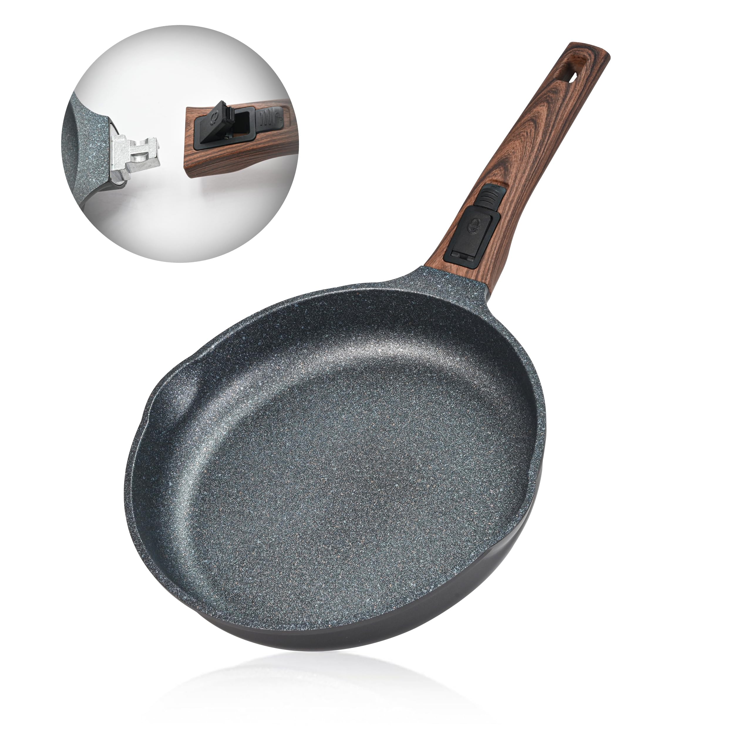Bakoniion sartén 8 pulgadas con mango removible para manejo seguro y almacenamiento sencillo.