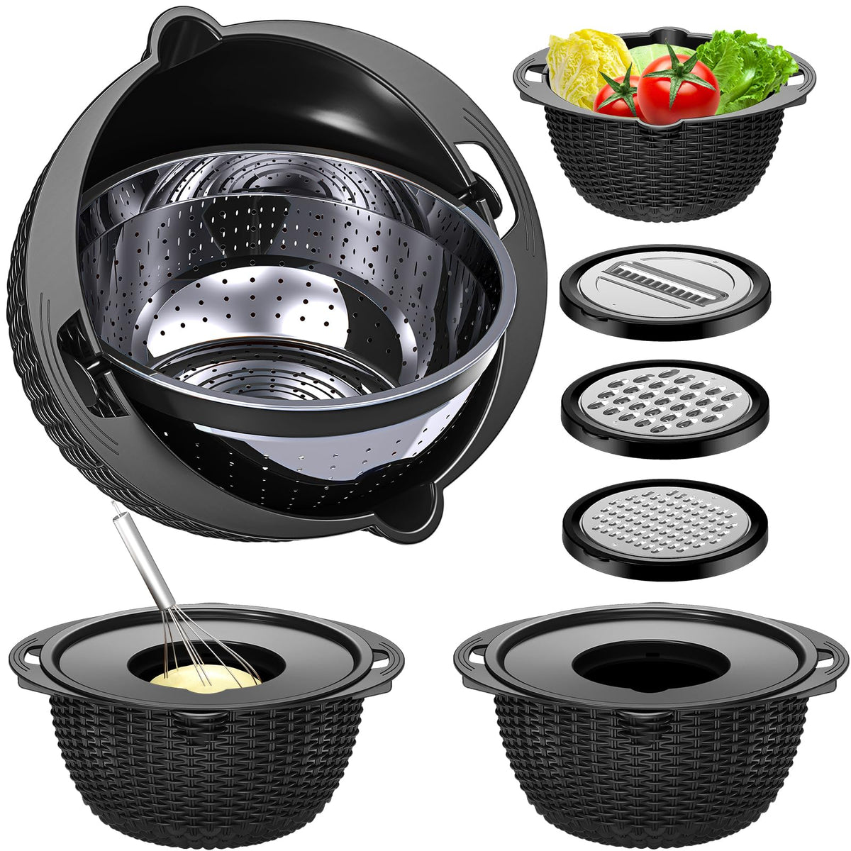 Balavina 4 en 1 colador con cuenco negro para drenaje de pasta.