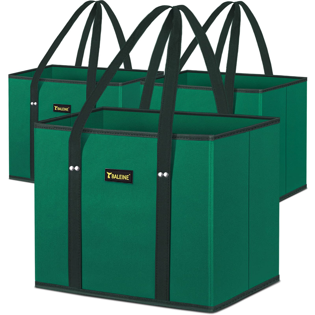 BALEINE 3Pk bolsas de compra verde con fondo reforzado para cargas pesadas.