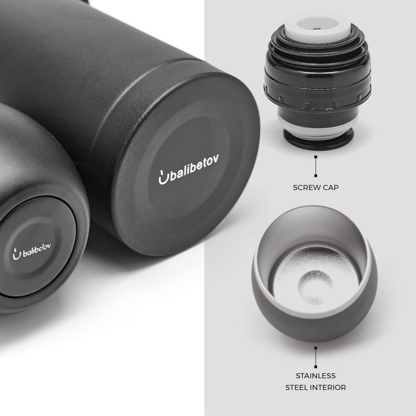 Termo Balibetov de 740 ml con tapa hermética, ideal para llevar.