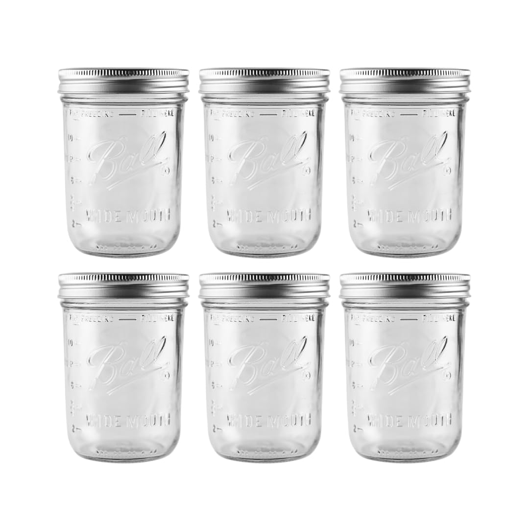 Ball frasco Mason 16 oz con boca ancha y tapas herméticas para almacenamiento.