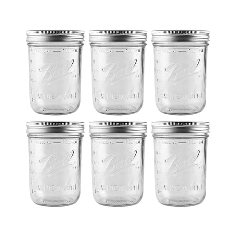 Ball frasco Mason 16 oz con boca ancha y tapas herméticas para almacenamiento.