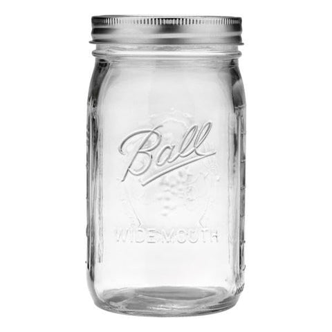 Frasco Ball 32 oz boca ancha con tapa plateada para cierre seguro.