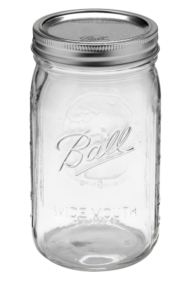Frasco Ball Quart boca ancha con tapa plateada, ideal para rellenar y verter fácilmente.