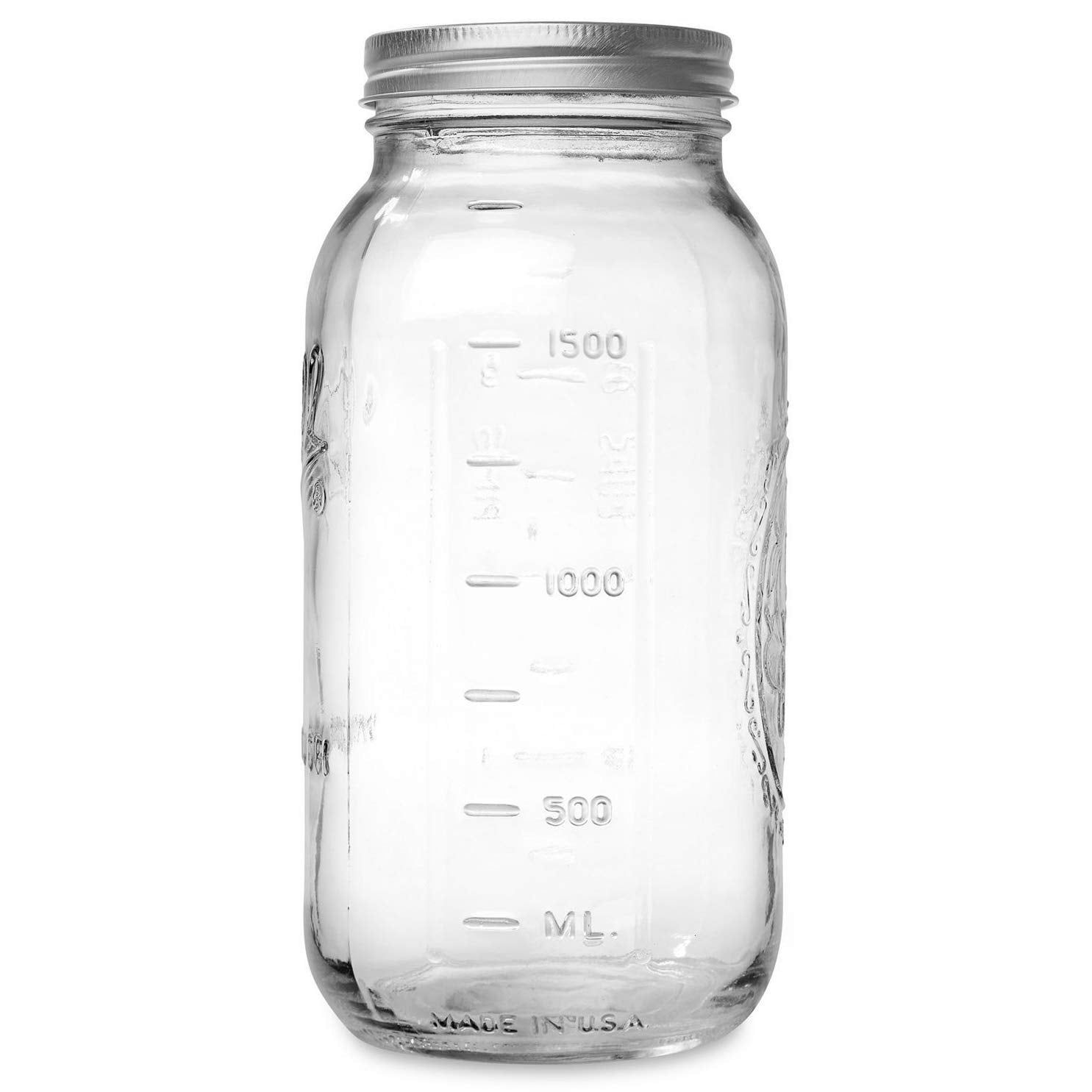 Ball tarro mason boca-ancha 64-onzas, con tapa metálica para conservar alimentos.