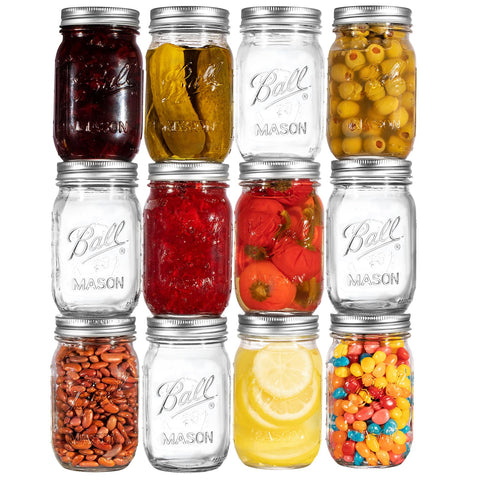 Tarro Ball Mason de boca regular 16 oz en conjunto para envasar y conservar.