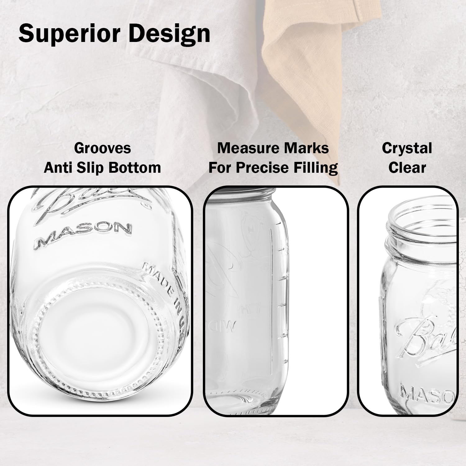 Ball Mason con vidrio grueso y marcas para medir ingredientes.