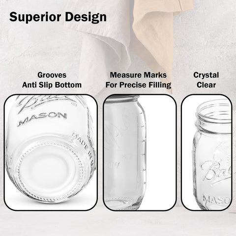 Ball Mason con vidrio grueso y marcas para medir ingredientes.