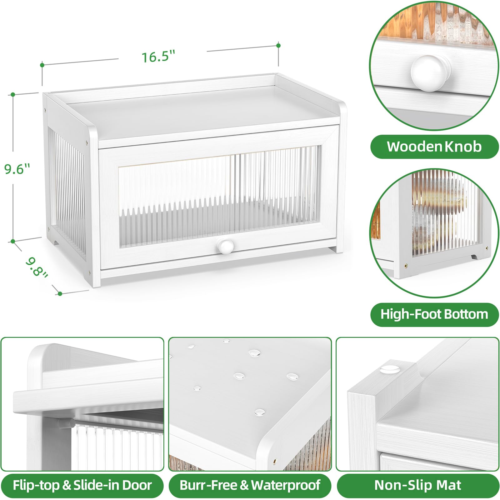 Caja pan bambú lateral izquierda ondulada para acceso cómodo y conservación