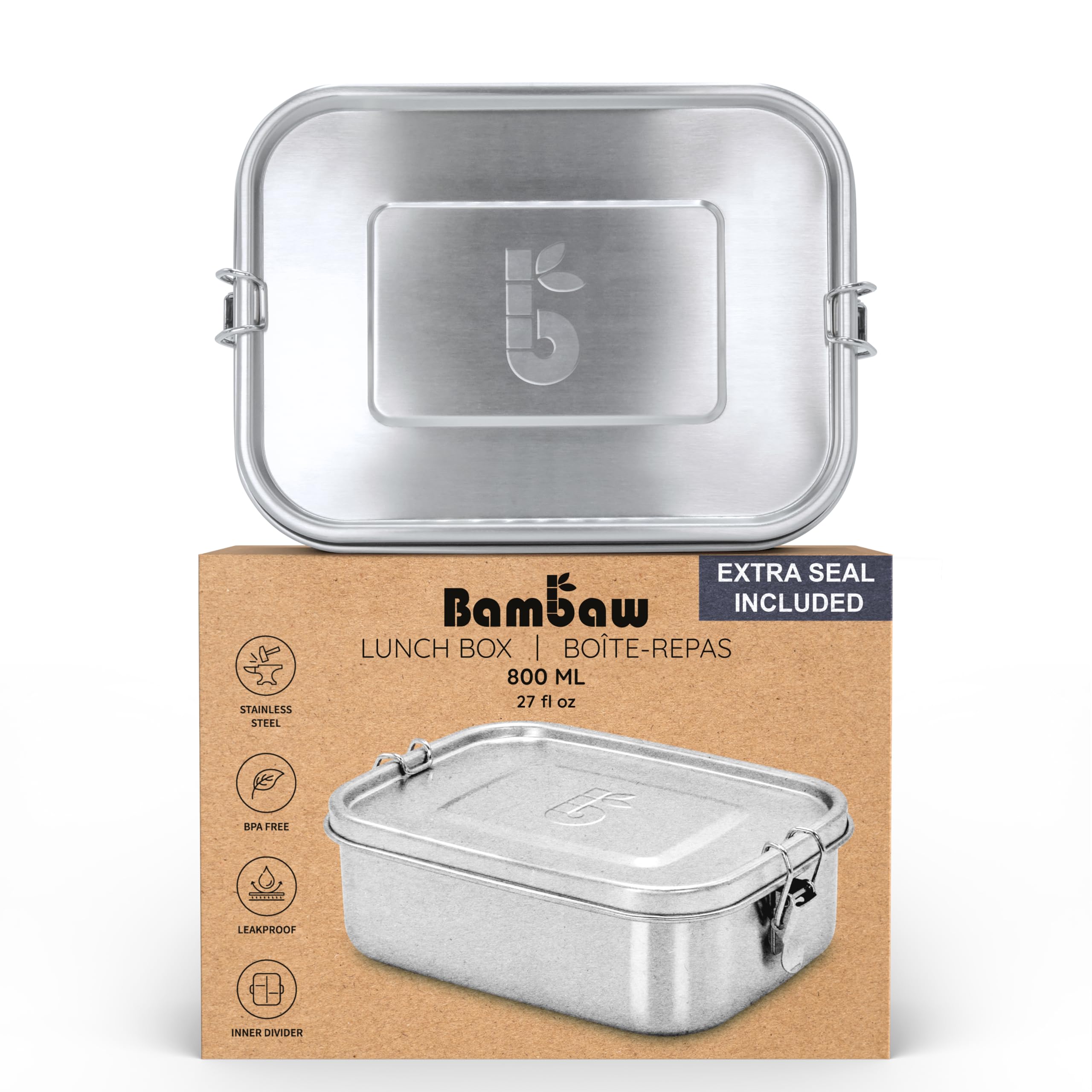 Bambaw Bento en acero inoxidable con compartimentos para organizar comidas, ideal para almuerzos.