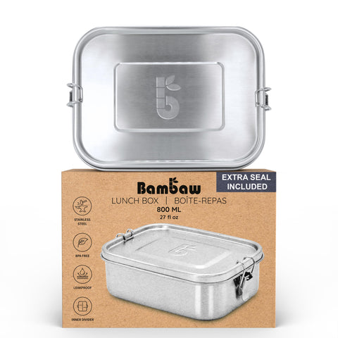 Bambaw Bento en acero inoxidable con compartimentos para organizar comidas, ideal para almuerzos.