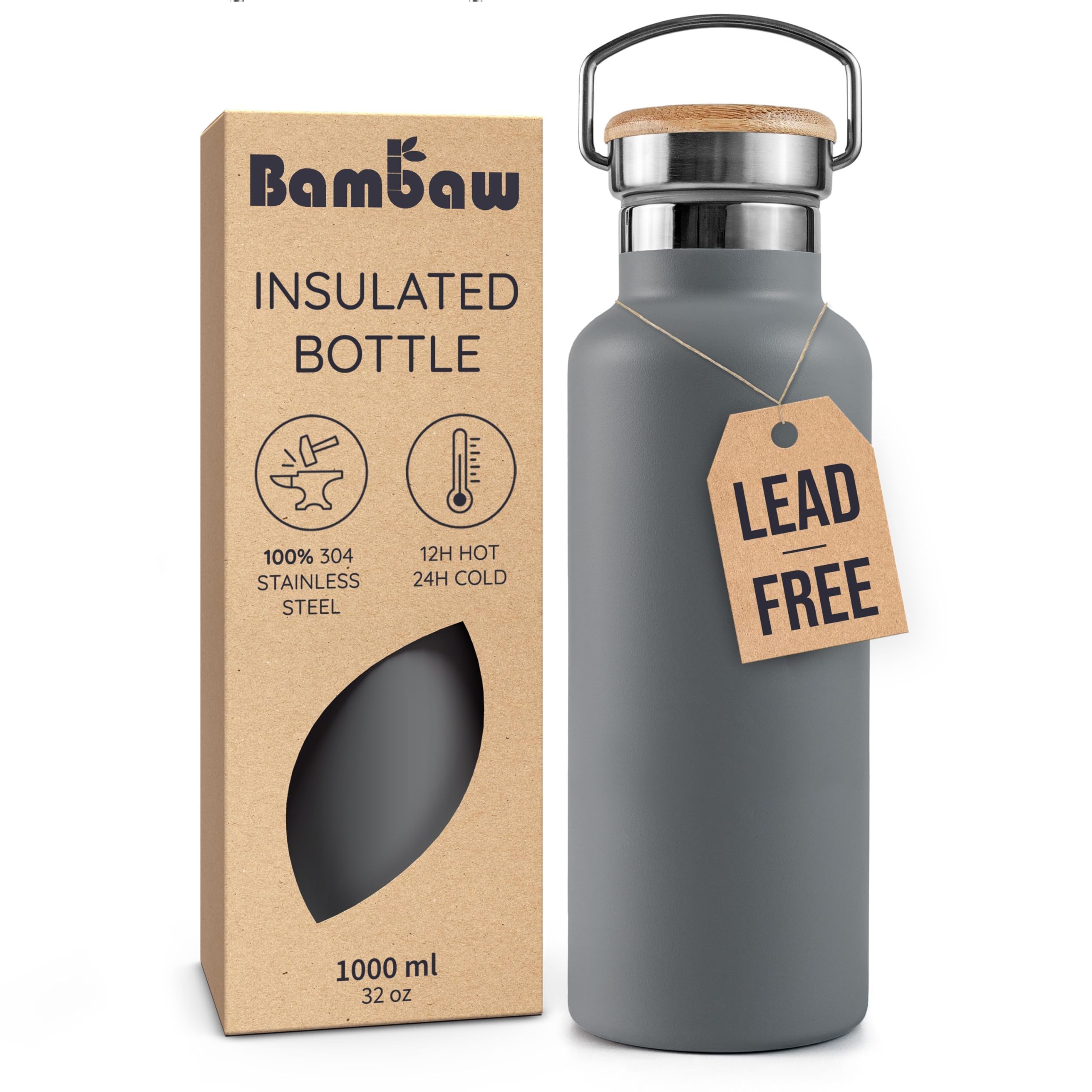 Bambaw botella 32 onzas gris con doble pared, hidratación diaria segura.