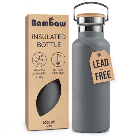 Bambaw botella 32 onzas gris con doble pared, hidratación diaria segura.
