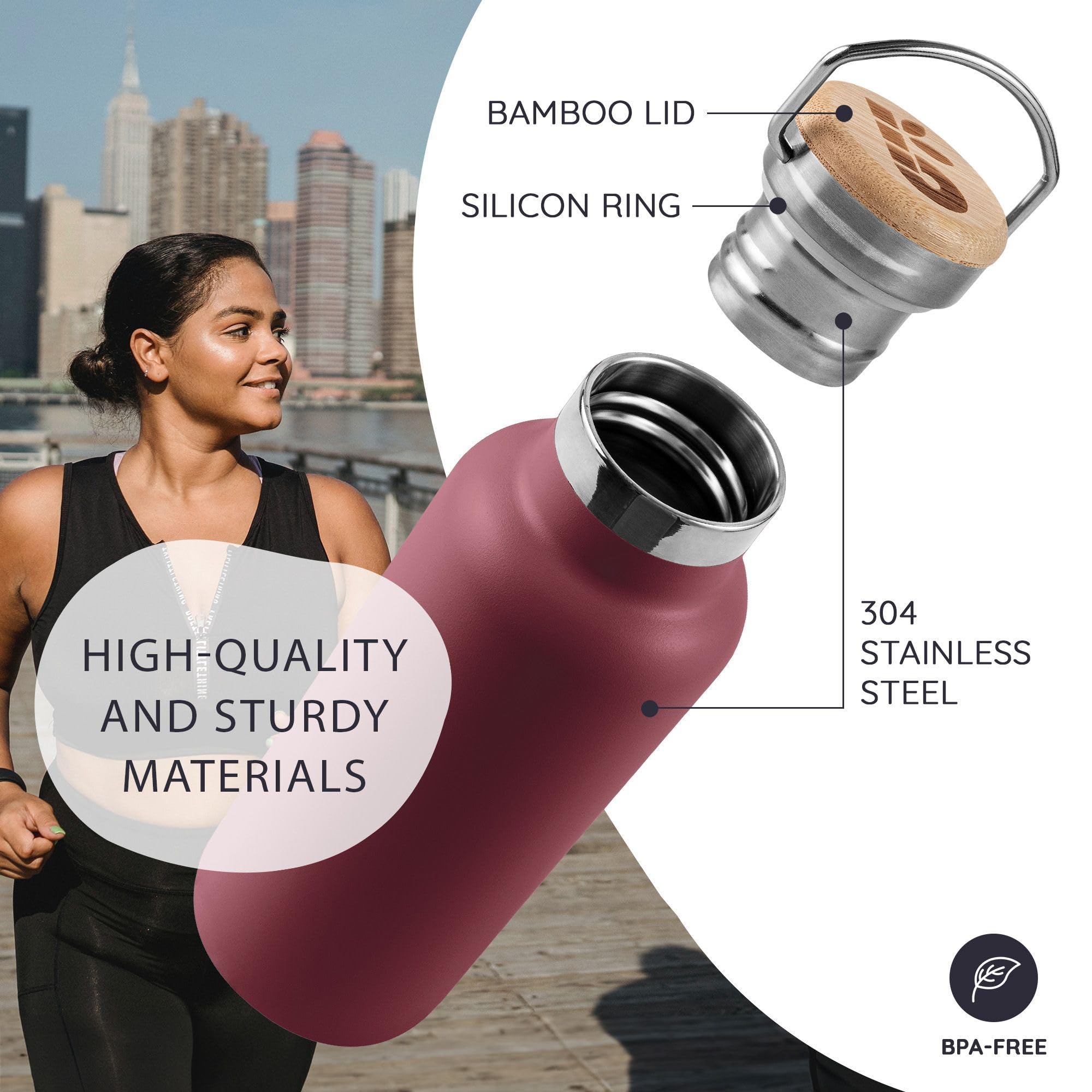 Bambaw 32oz, tapa amplia para hielo y bebidas.