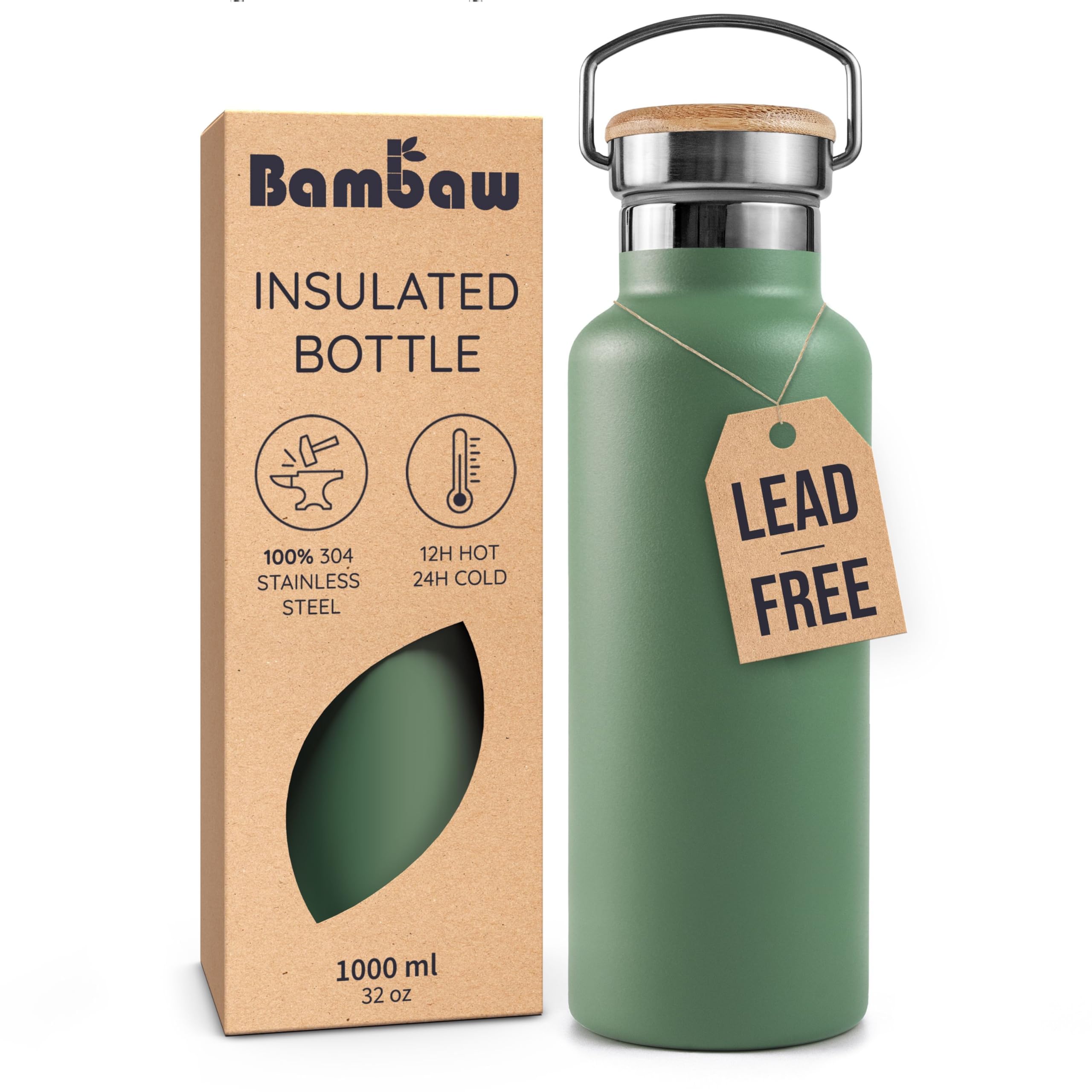 Bambaw botella 946 ml verde salvia, apertura amplia para hielo y bebidas.