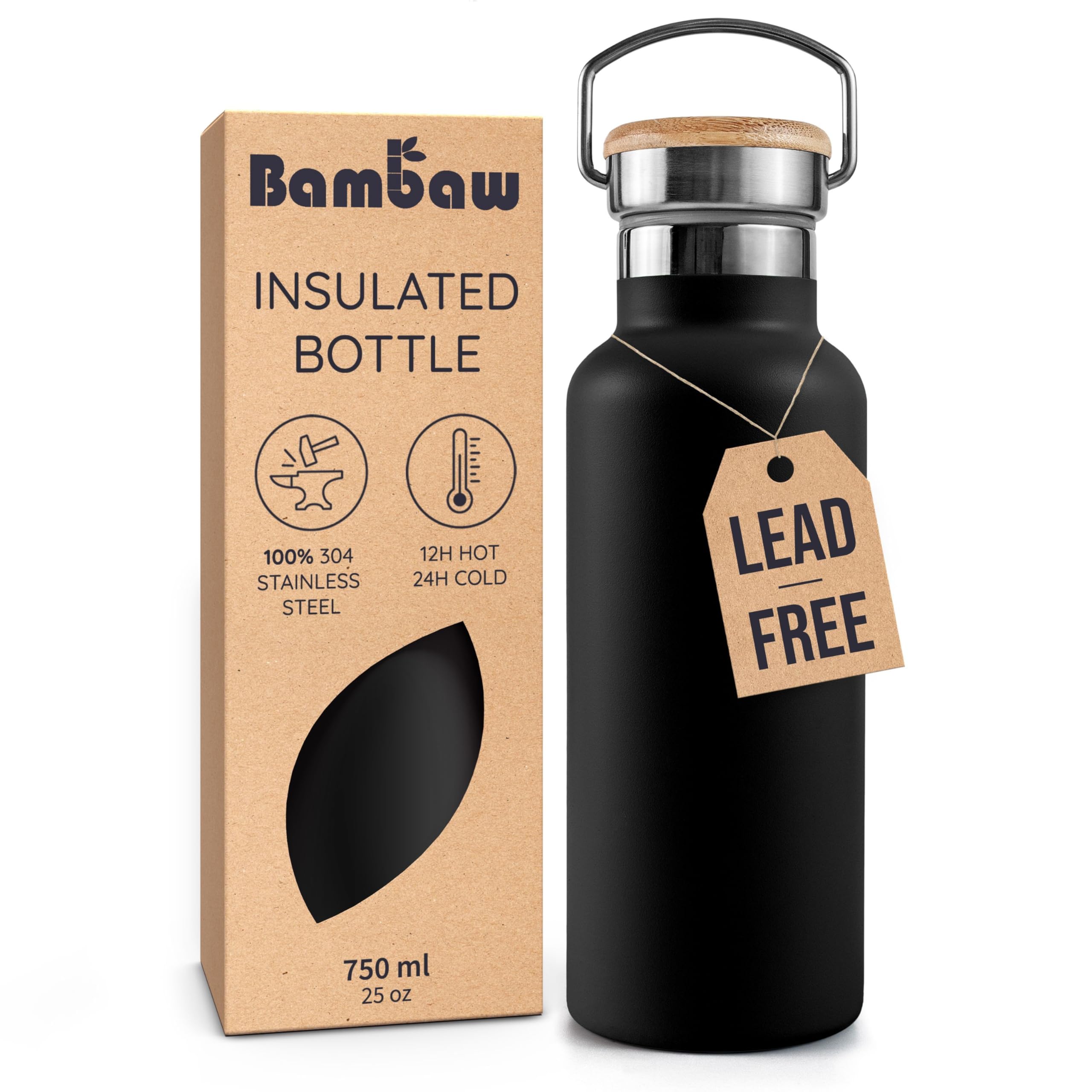 Bambaw botella de acero inoxidable 24 oz en negro jet para uso diario