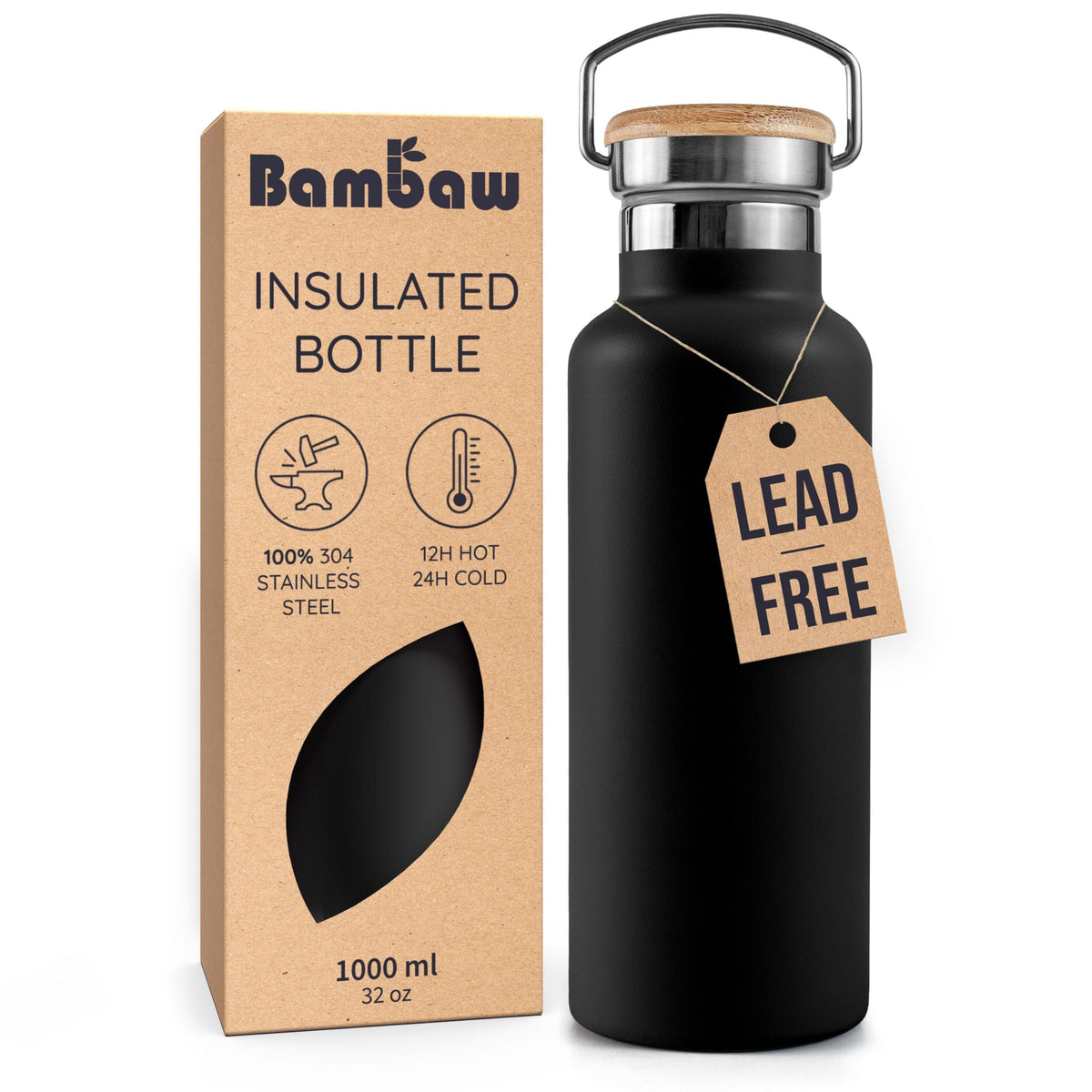 Bambaw botella de agua aislada 32 onzas negra con manija, ideal para hidratación diaria.