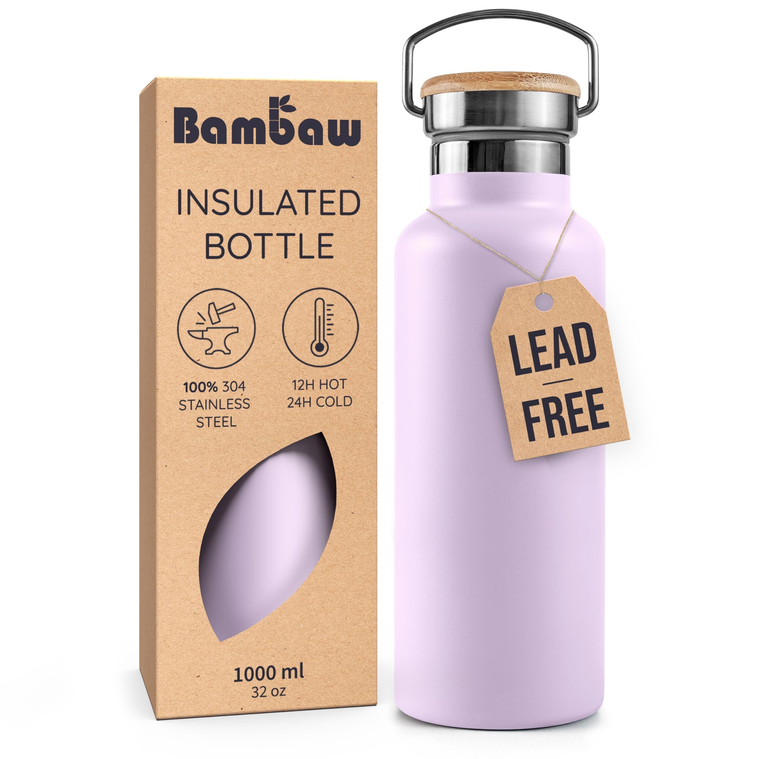 Bambaw botella aislada lavanda completa en acero, mantiene bebidas frías