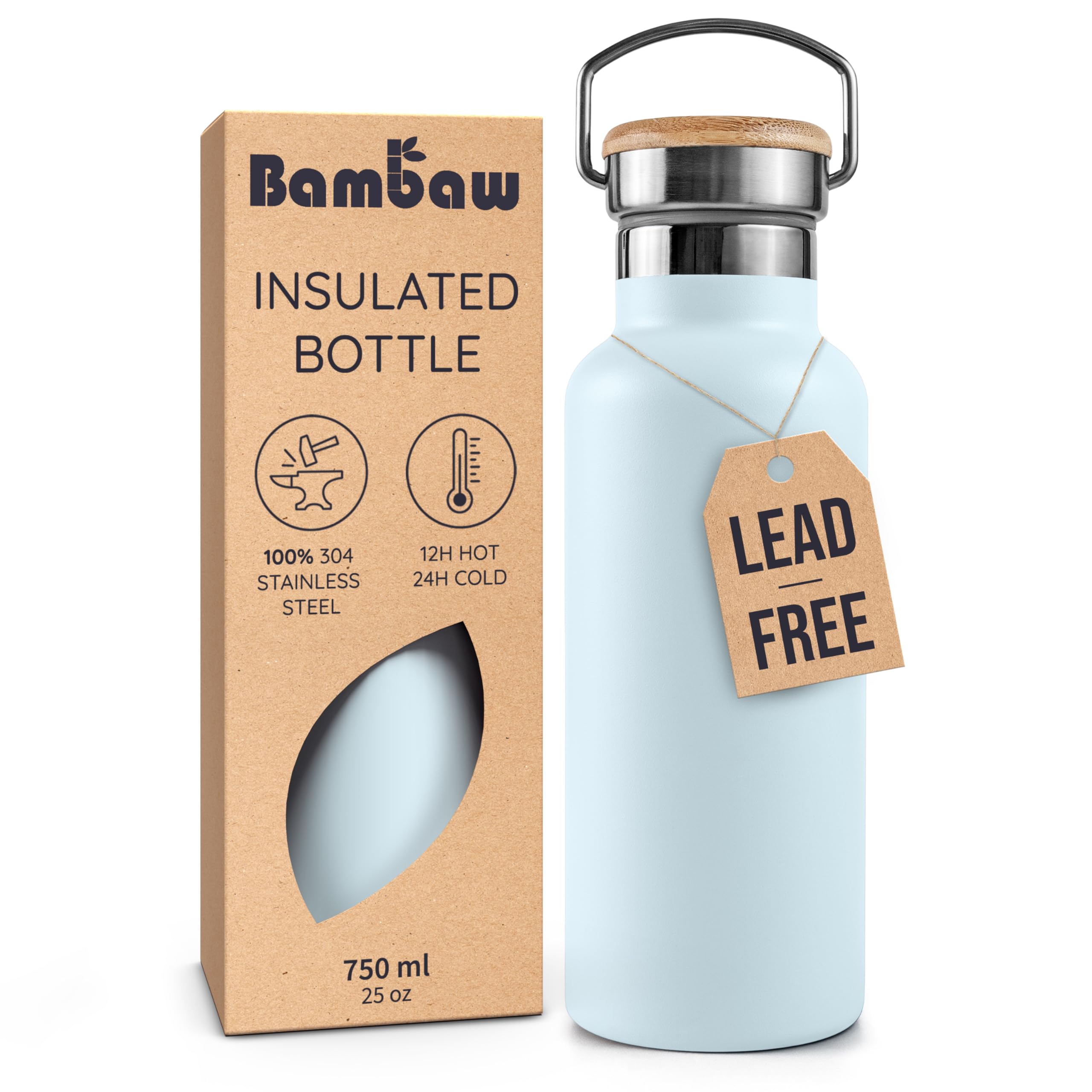 Bambaw botella de agua aislada 750 ml en azul claro, exterior elegante para uso diario.