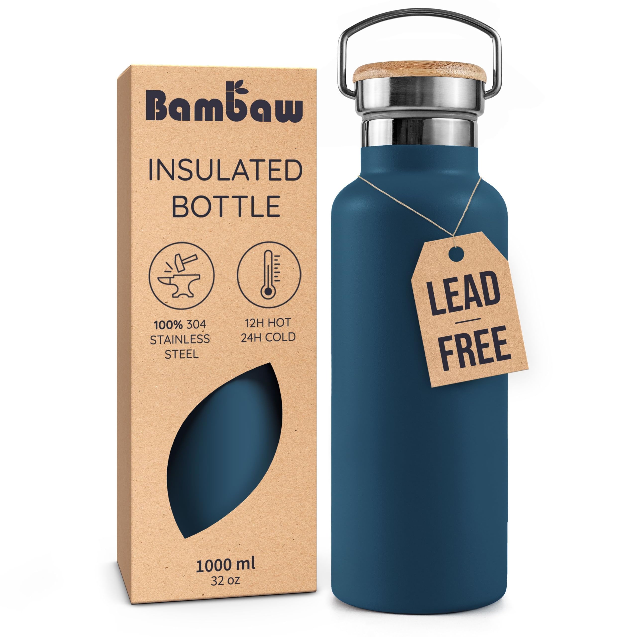 Bambaw botella aislada 32 oz en azul mantiene bebidas frías o calientes
