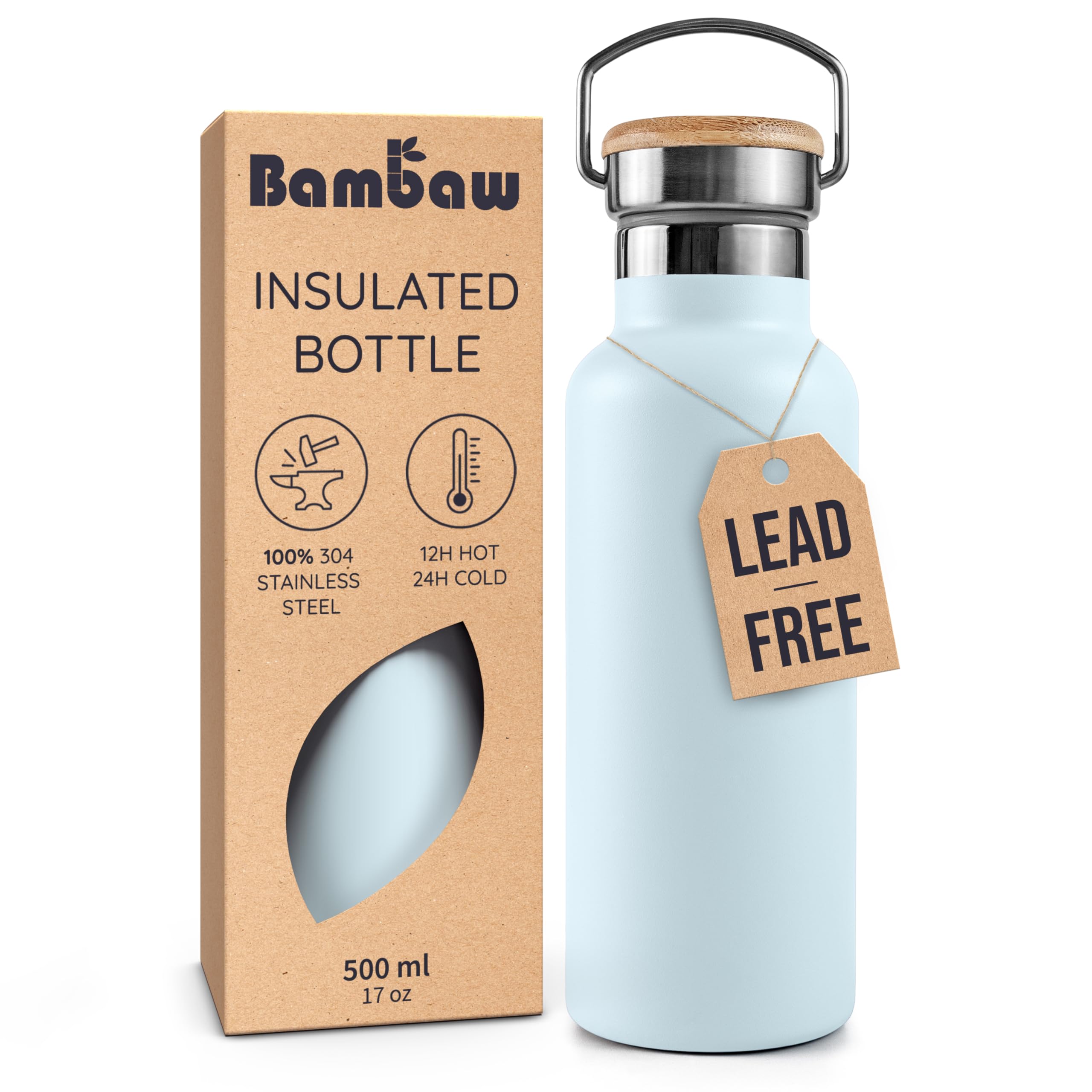 Bambaw Botella térmica 16 onzas azul claro, vista frontal con apertura amplia para hielo.