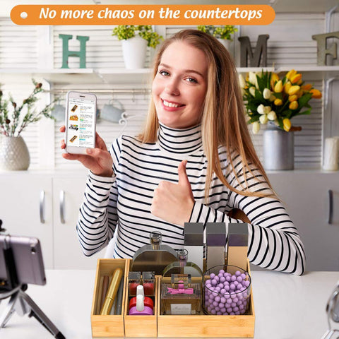 Bambloom caddy baño para maquillaje y perfume, organización práctica.