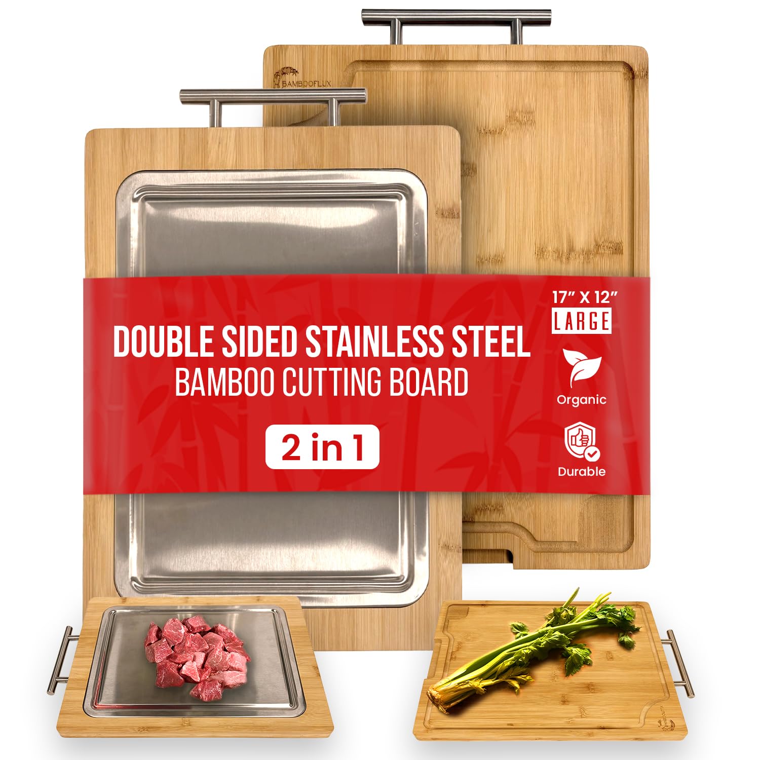 BambooFlux Tablero 2 en 1 con acero inoxidable para carnes y surcos, práctico.