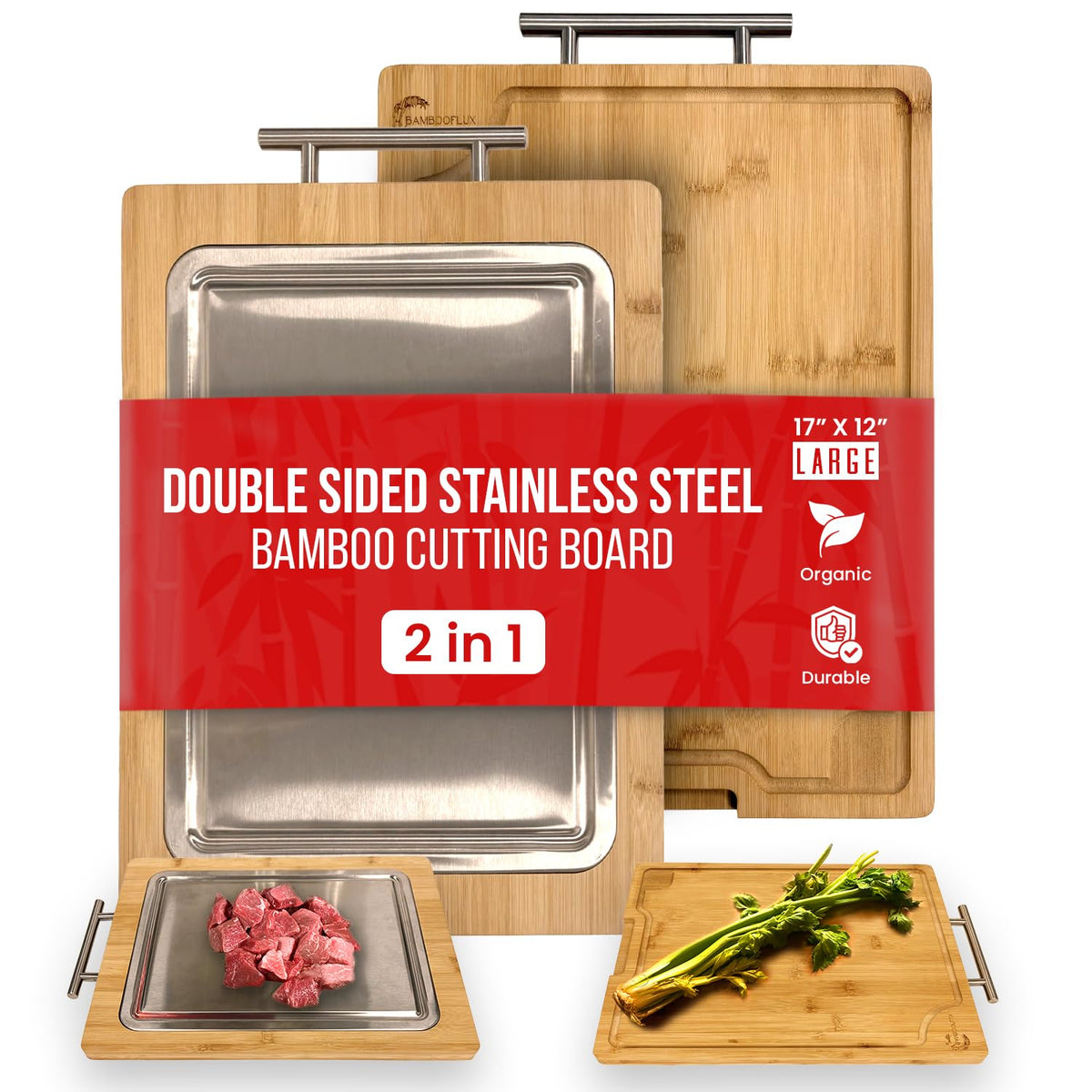 BambooFlux Tablero 2 en 1 con acero inoxidable para carnes y surcos, práctico.