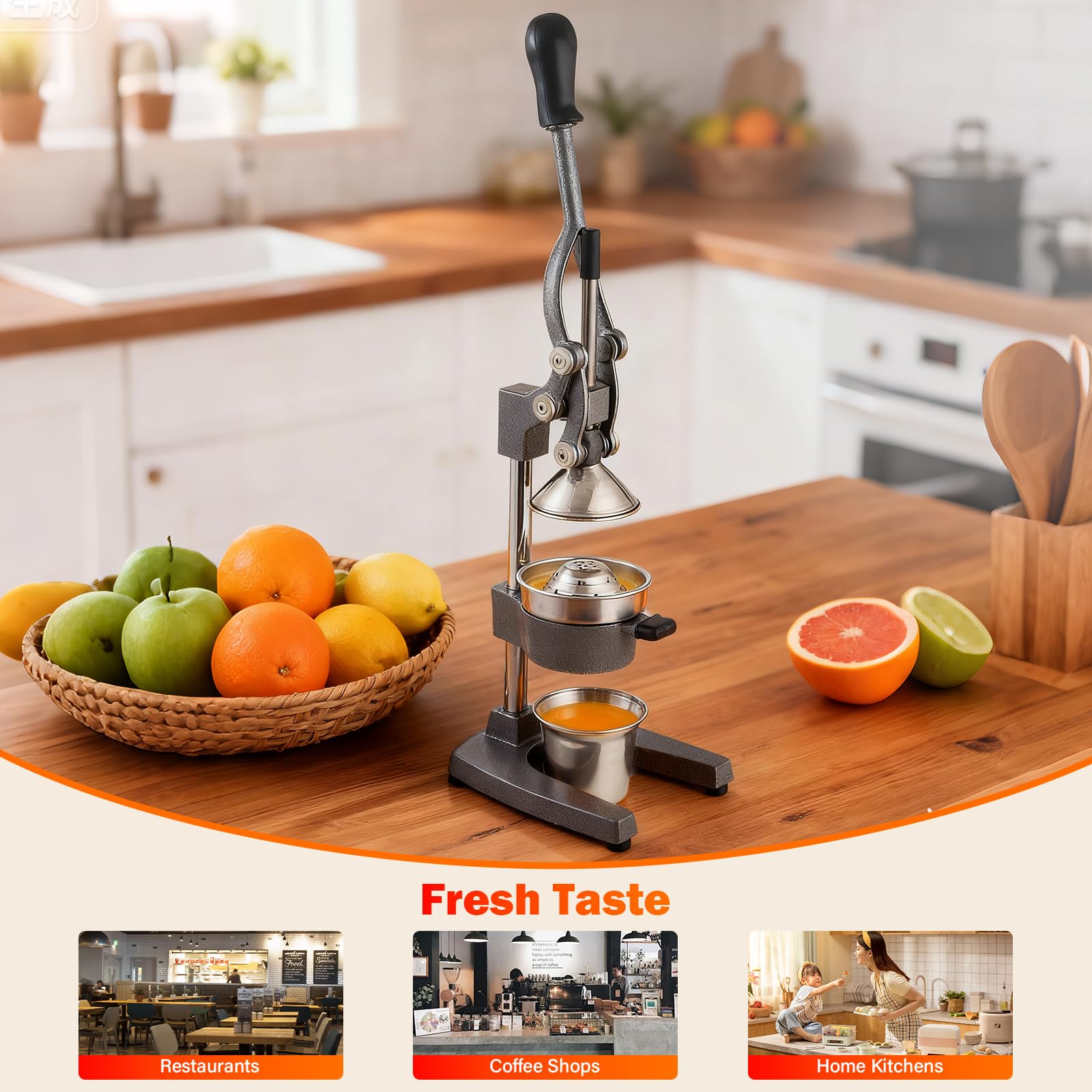 Exprimidor BAMBROX en acción, exprimiendo cítricos para jugo inmediato.