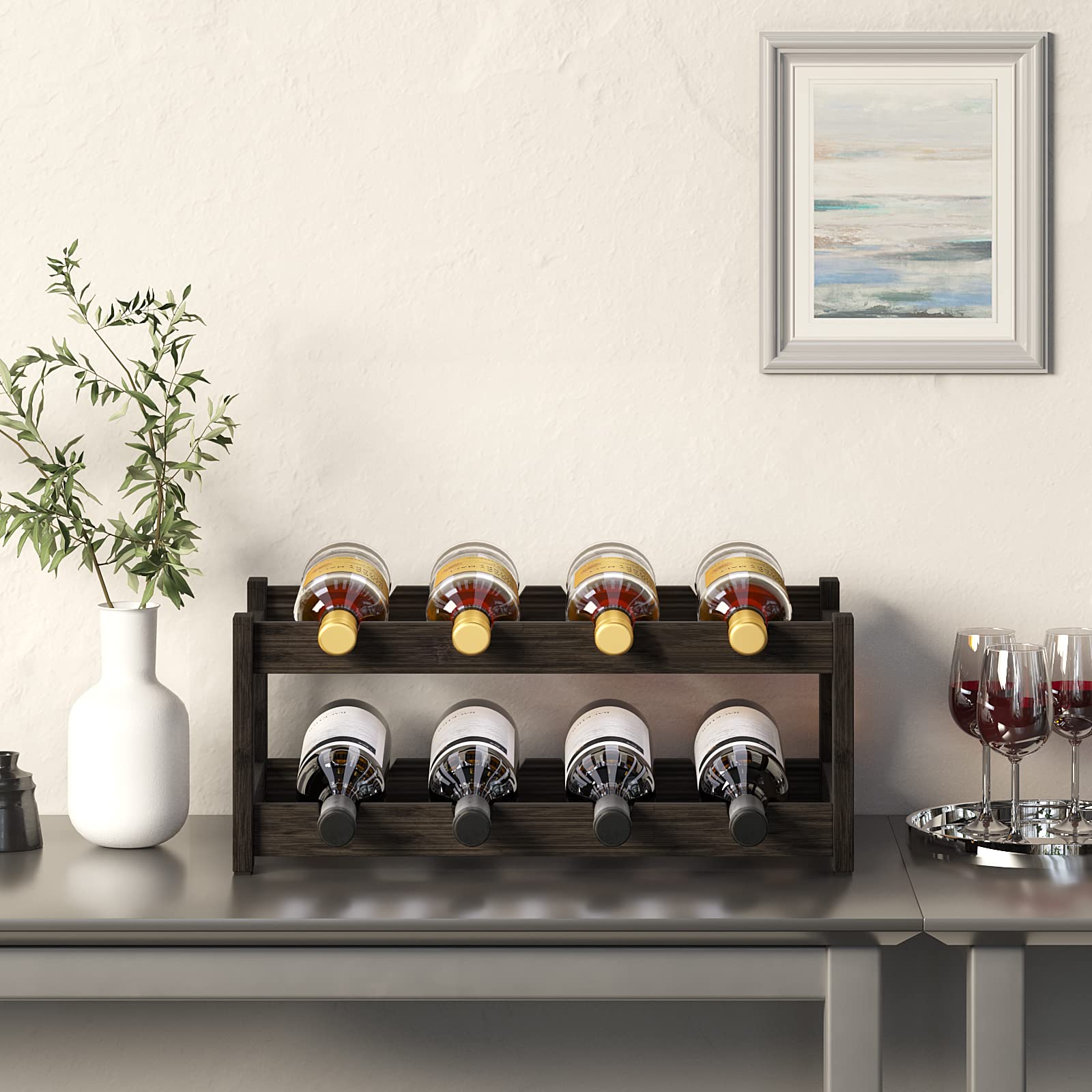 BAMEOS estante de vino con diseño antideslizante para botellas seguras.