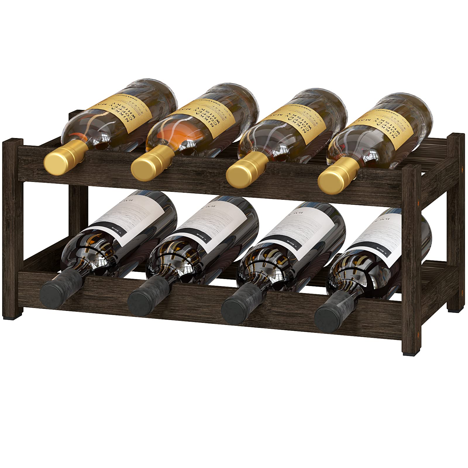 BAMEOS estante para vino de bambú, doble nivel, ideal para encimera y fácil acceso.