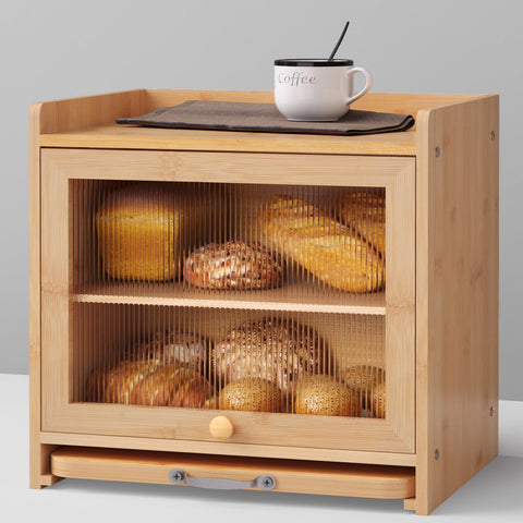 bamzc brz panera de bambú, vista superior, almacenamiento doble para pan y más.