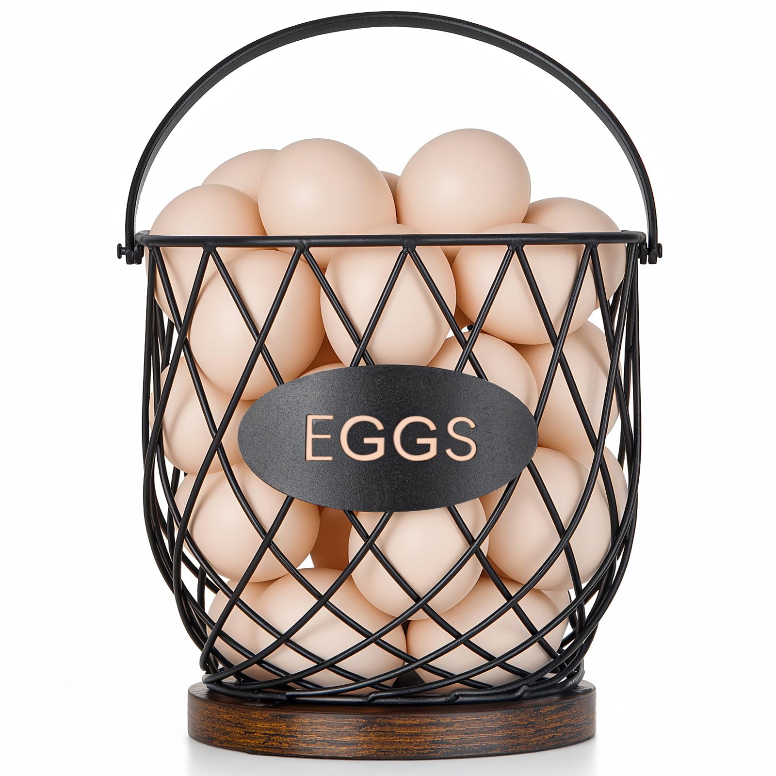 Banawey cesta de huevos con asa metálica y base de madera para transporte seguro.