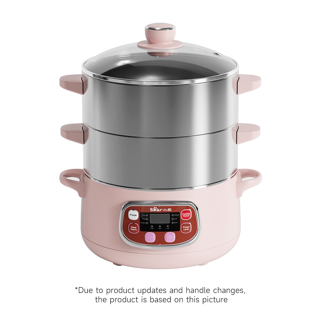 Bar vaporera eléctrica con bandejas apilables en acero inoxidable para preparar varios ingredientes.