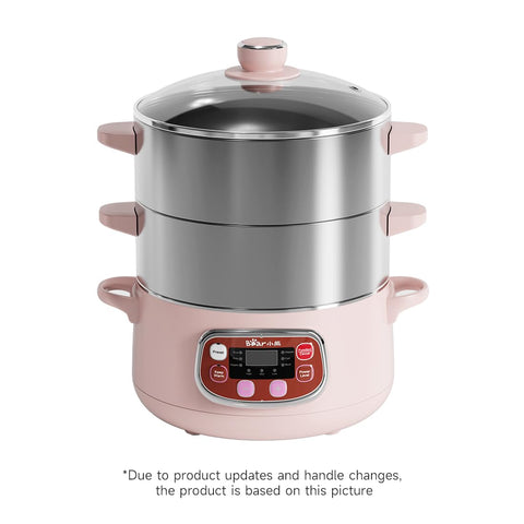 Bar vaporera eléctrica con bandejas apilables en acero inoxidable para preparar varios ingredientes.