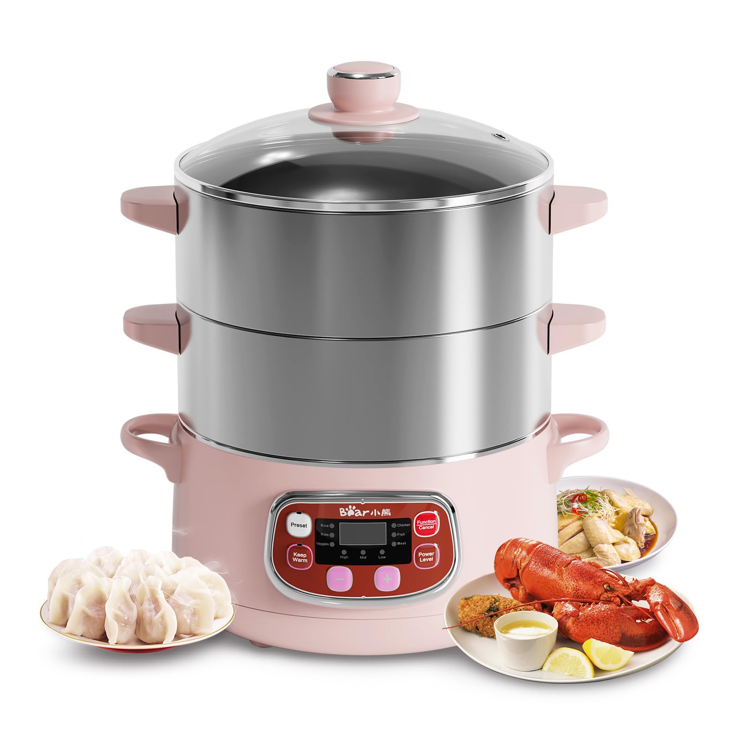 Bar vaporera eléctrica de dos niveles con bandejas de acero inoxidable para cocinar al vapor.