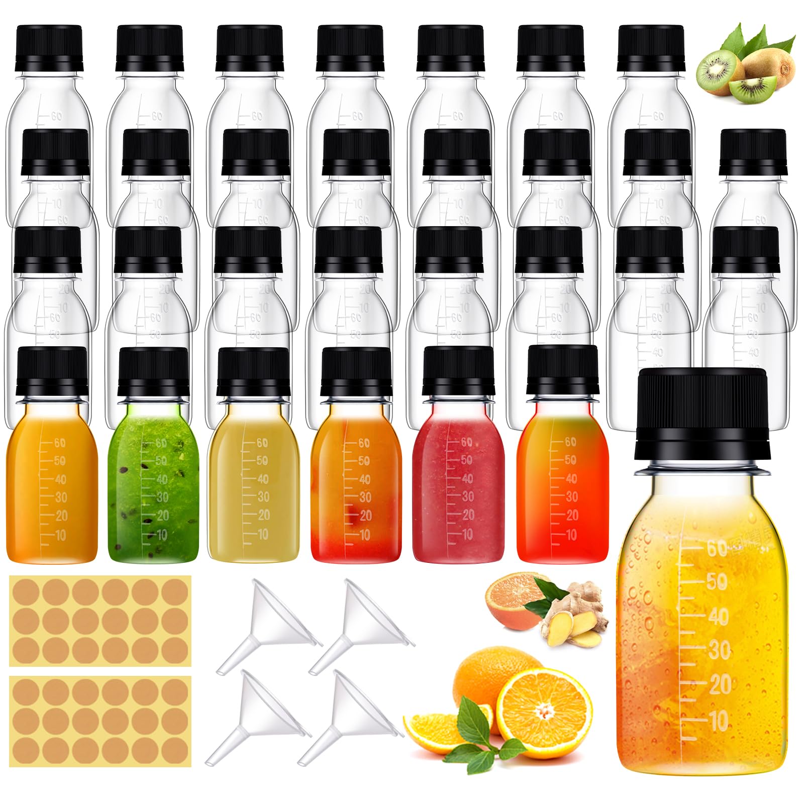 Barafat botellas plásticas 2oz con tapa, listas para jugos y salsas.