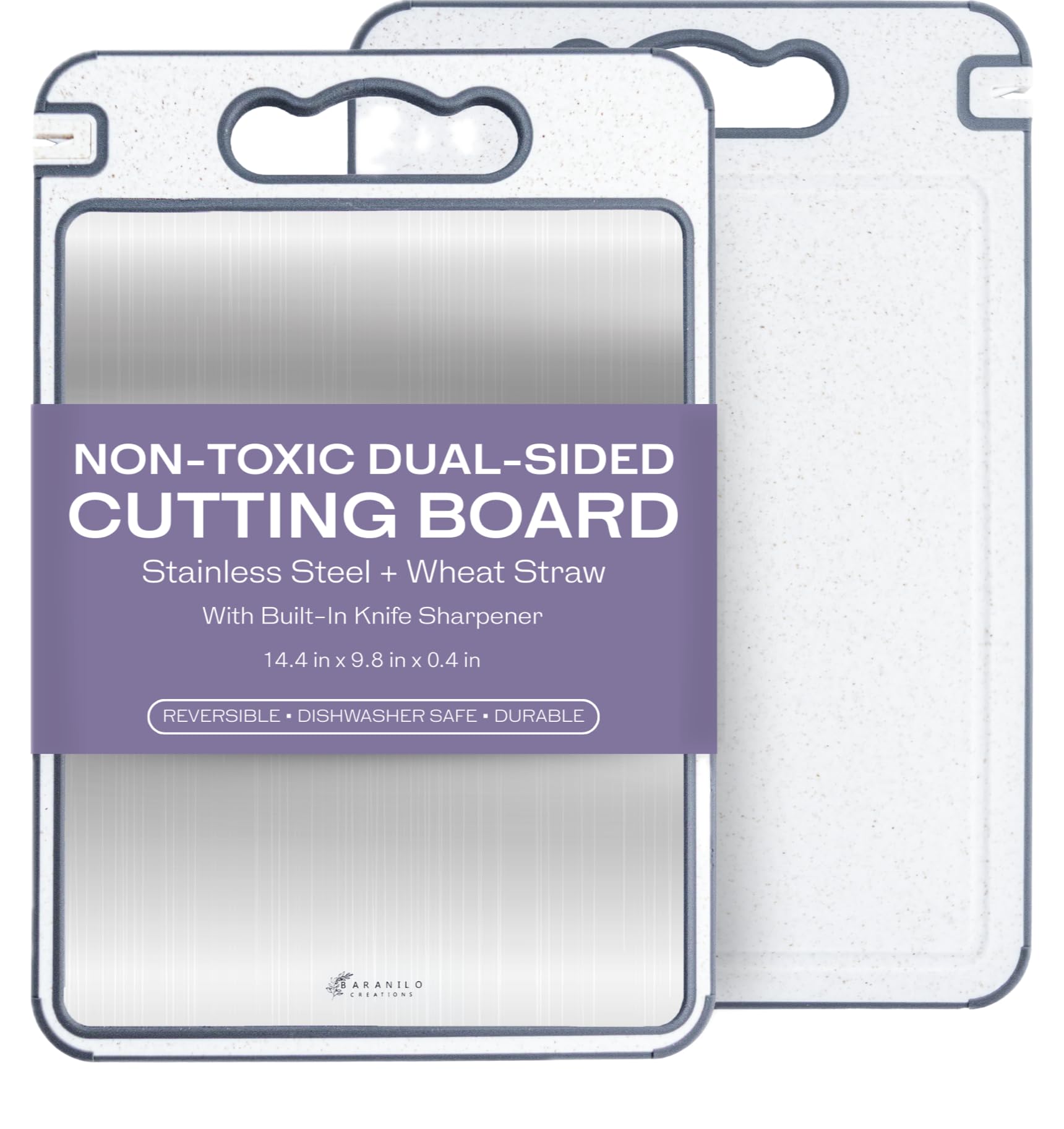Baranilo Creations, tabla doble cara con acero inoxidable para carnes seguras.