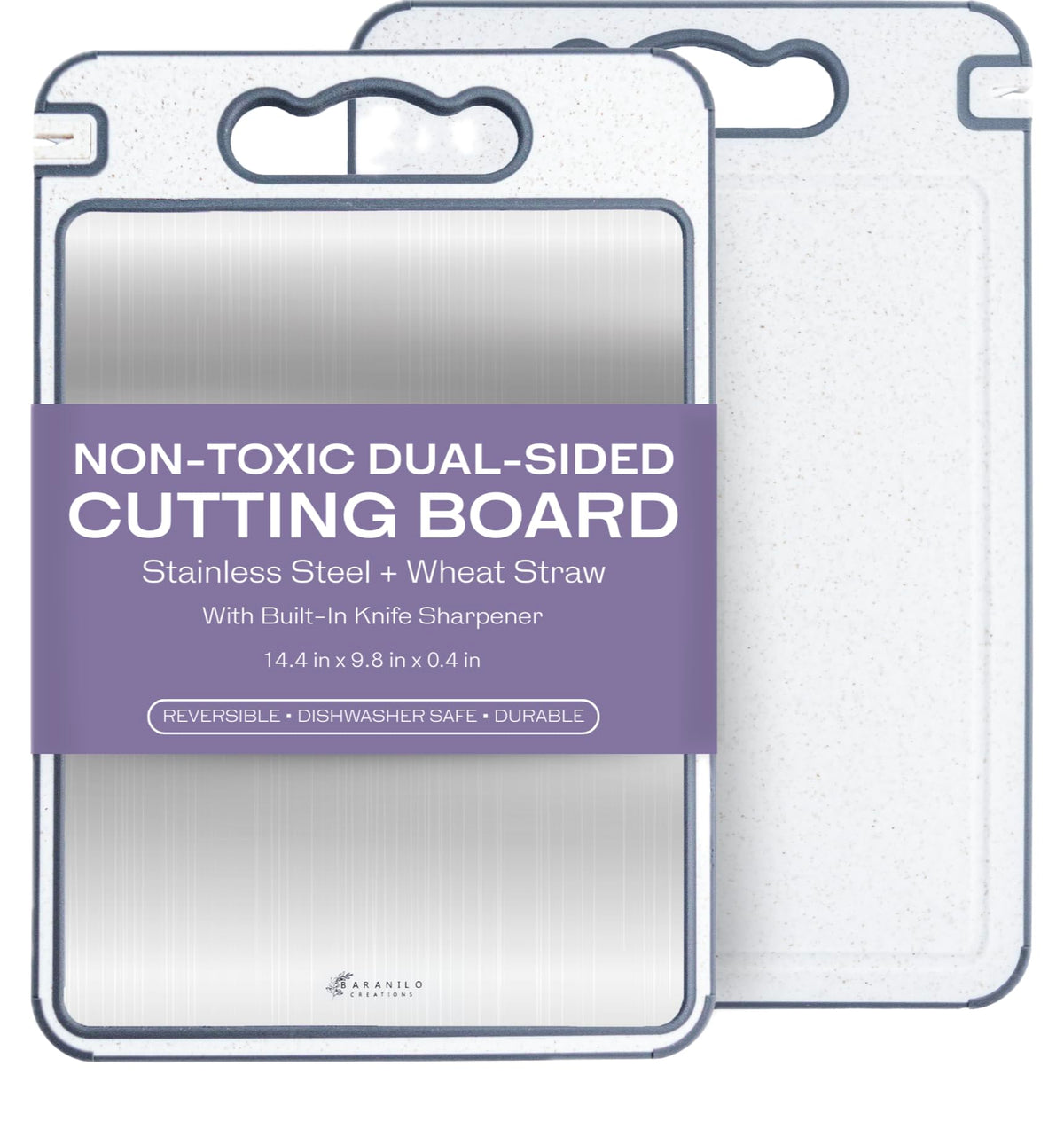 Baranilo Creations, tabla doble cara con acero inoxidable para carnes seguras.