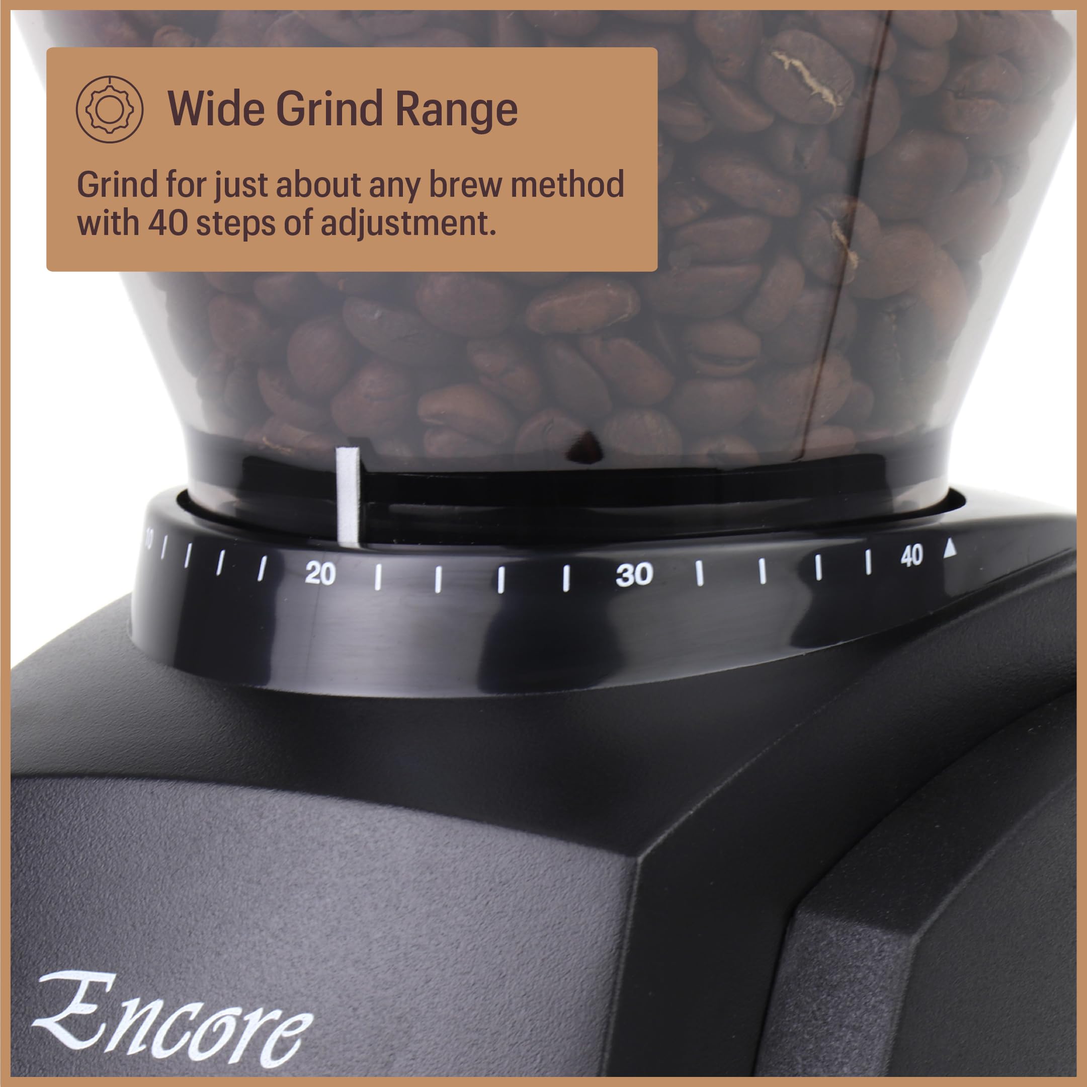 Baratza Encore motor DC potente para molienda consistente.