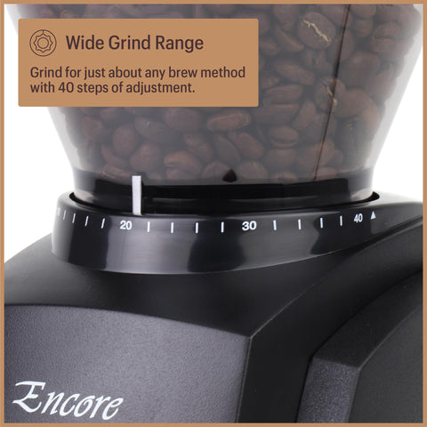 Baratza Encore motor DC potente para molienda consistente.