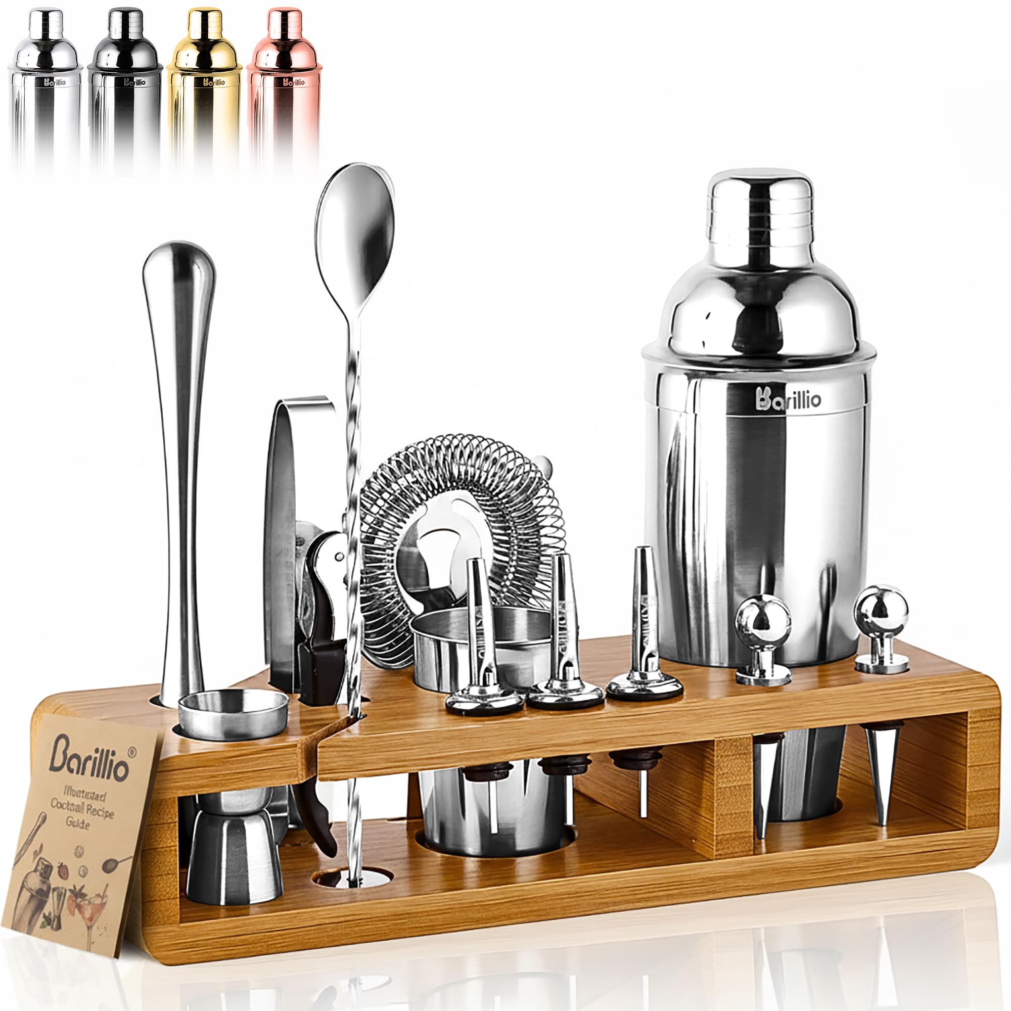 Barillio kit-bar-23-piezas en estante de bambú para organización de barra en casa.