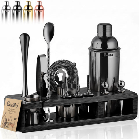 Barillio kit bartender frente, listo para crear cocteles en casa con acabado negro elegante.