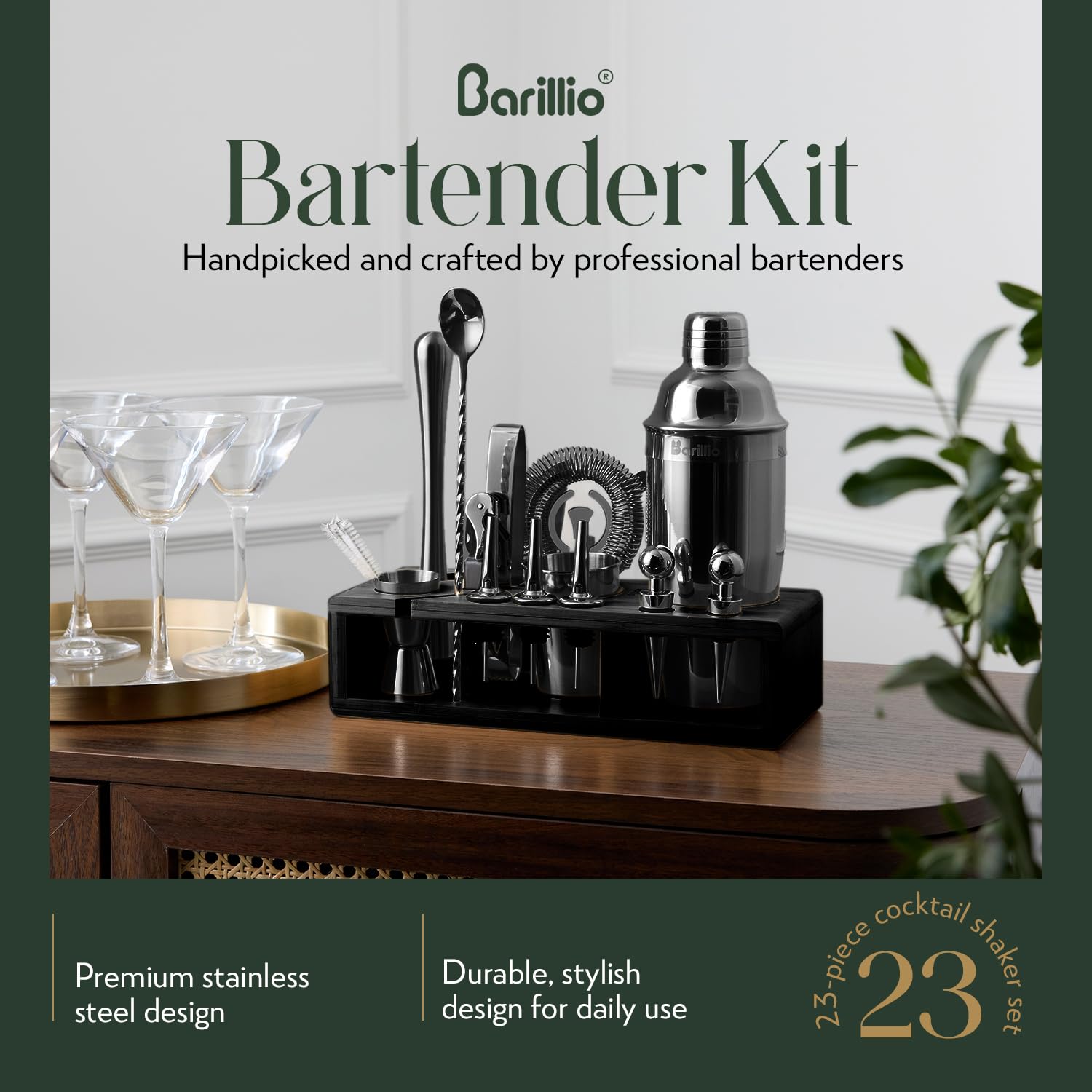 Barillio soporte bambú negro, diseño ordenado para utensilios y estilo en la barra.